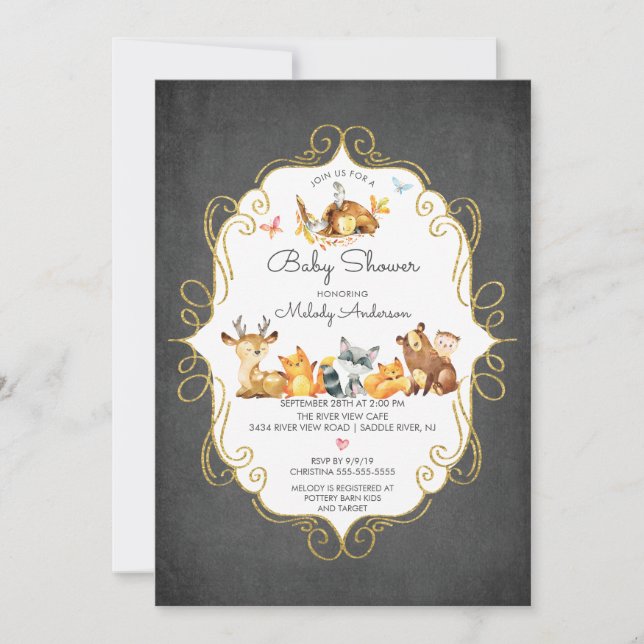 Invitation Chalkboard Woodland Animaux Garçons Baby shower (Devant)