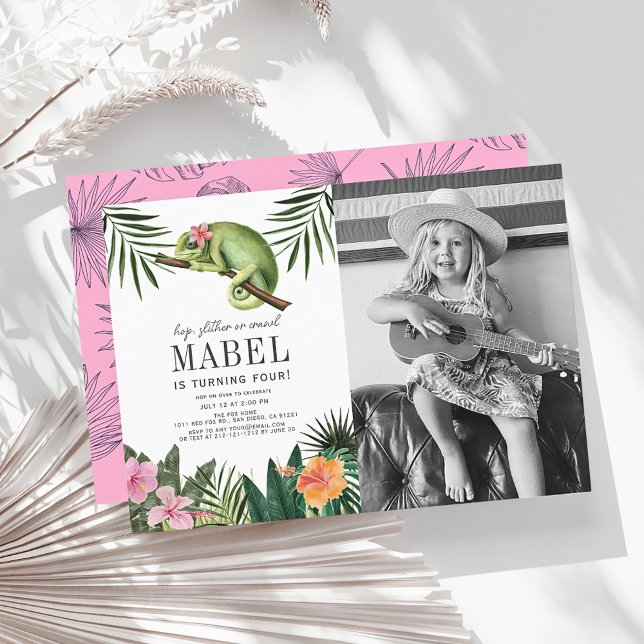 Invitation Chameleon Reptile Girl White Birthday Photo (Créateur téléchargé)