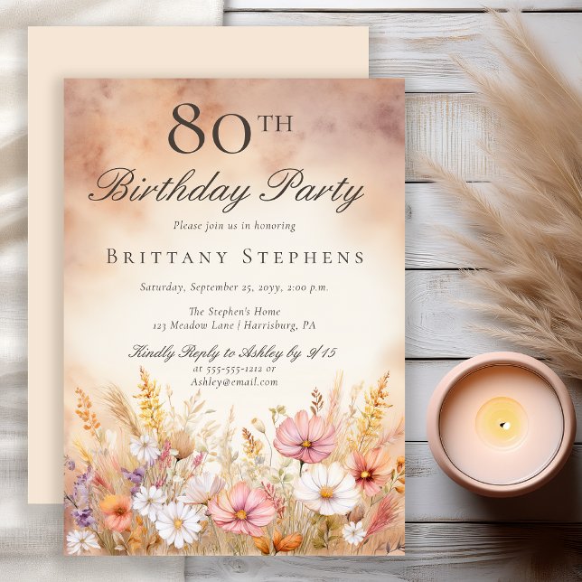 Invitation Champ de fleurs sauvages à l'aquarelle élégant pou (Elegant watercolor wildflower meadow 80th birthday invitation)