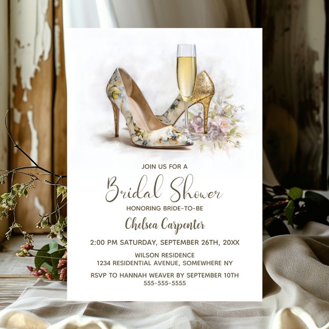 Invitation Champagne and Elegant Floral High Heel Shoes (Créateur téléchargé)