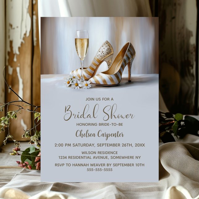 Invitation Champagne and Elegant Gold Striped High Heel Shoes (Créateur téléchargé)