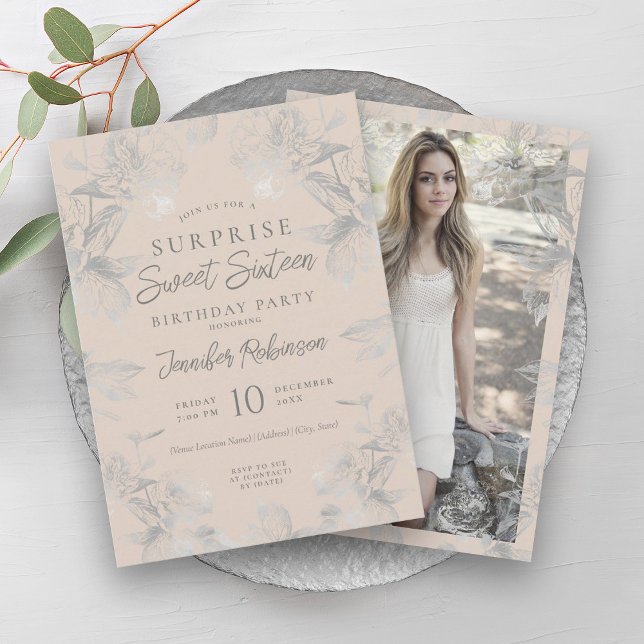 Invitation Champagne Argent Floral Photo SURPRISE Sweet 16 (Champagne Silver Floral Photo SURPRISE Sweet 16 Invitation)