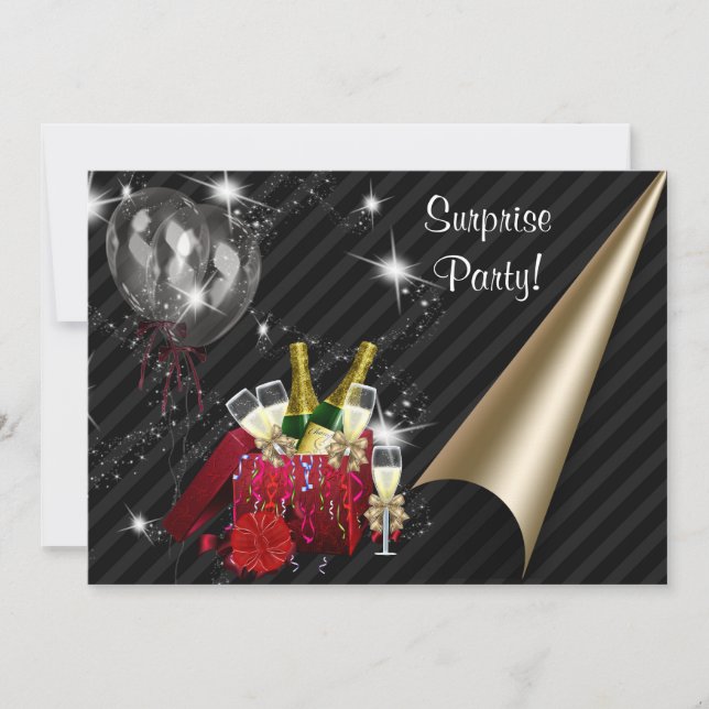 Invitation Champagne Ballons Black Surprise Anniversaire (Devant)