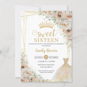 Invitation Champagne beige Crème Or Sweet sixteen Floral