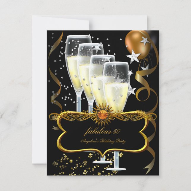 Invitation Champagne Black Gold Balloons fête d'anniversaire (Devant)