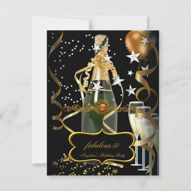 Invitation Champagne Black Gold Balloons fête d'anniversaire (Devant)