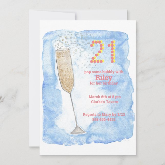 Invitation Champagne bleu 21e anniversaire (Devant)