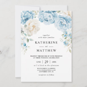 Invitation Champagne Bleu Poussiéreux Pivoines Fleuries Maria
