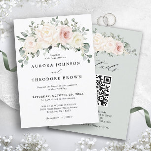 Invitation Champagne Blush Ivory Floral Green QR Mariage