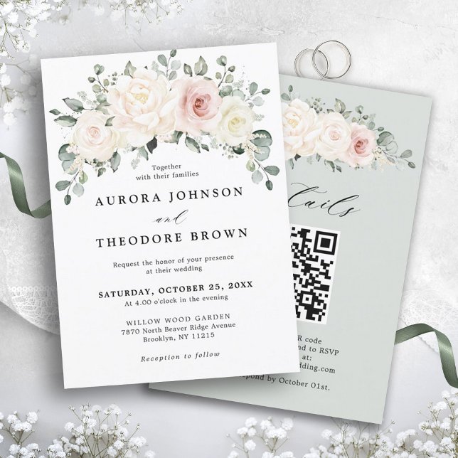 Invitation Champagne Blush Ivory Floral Green QR Mariage (Ivory White blush pink floral greenery botanical wedding invitation with QR code RSVP on back)