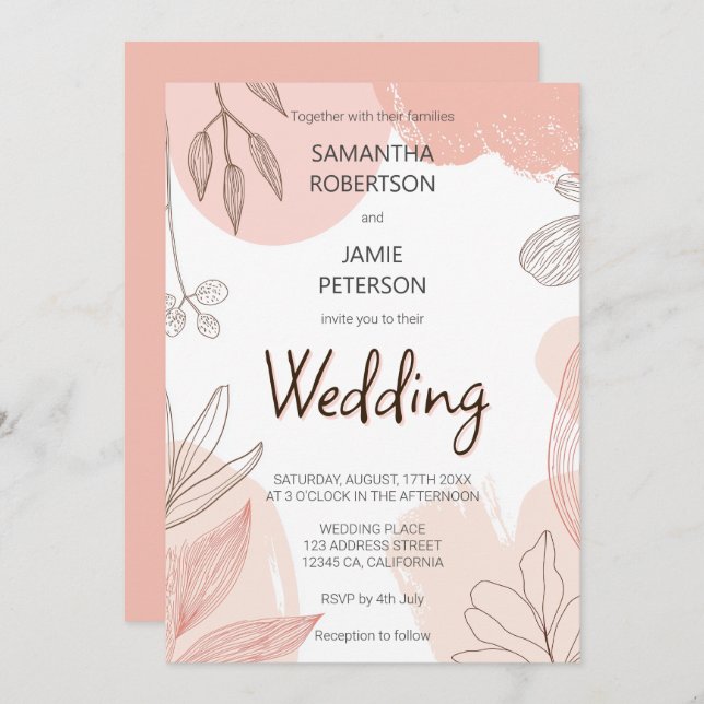 Invitation Champagne Blush Rose - Mariage floral à main (Devant / Derrière)