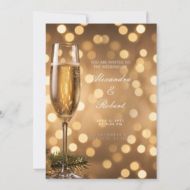 Invitation Champagne Bokeh Doré (Devant)