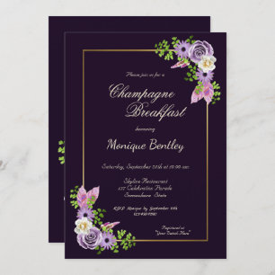 Invitation Champagne Bordure d'or violet Floral Petit déjeune
