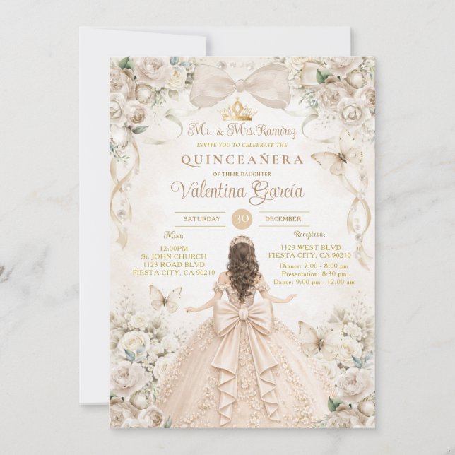 Invitation Champagne Bow Floral Quinceañera Princess (Devant)