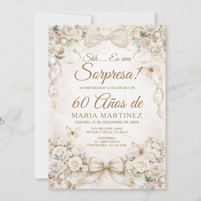 Invitation Champagne Bow Floral Surprise 60 ans Anniversaire (Devant)