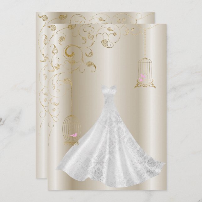 Invitation Champagne Bronze Robe Oiseau mariage moderne (Devant / Derrière)