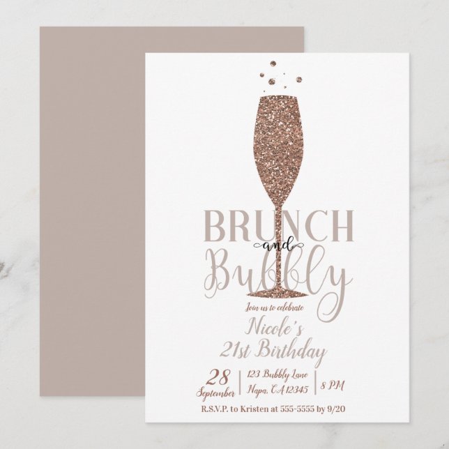 Invitation Champagne Brunch & Bubbly Rose Gold Anniversaire (Devant / Derrière)