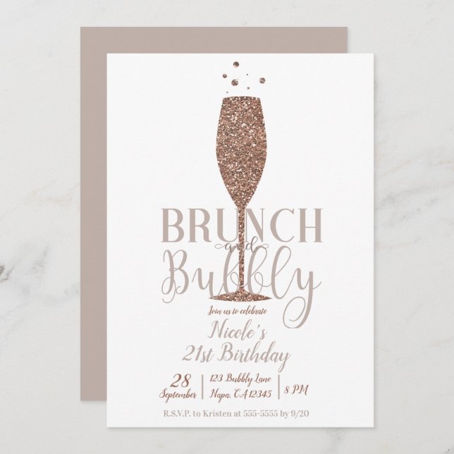 Invitation Champagne Brunch & Bubbly Rose Gold Anniversaire (Devant / Derrière)