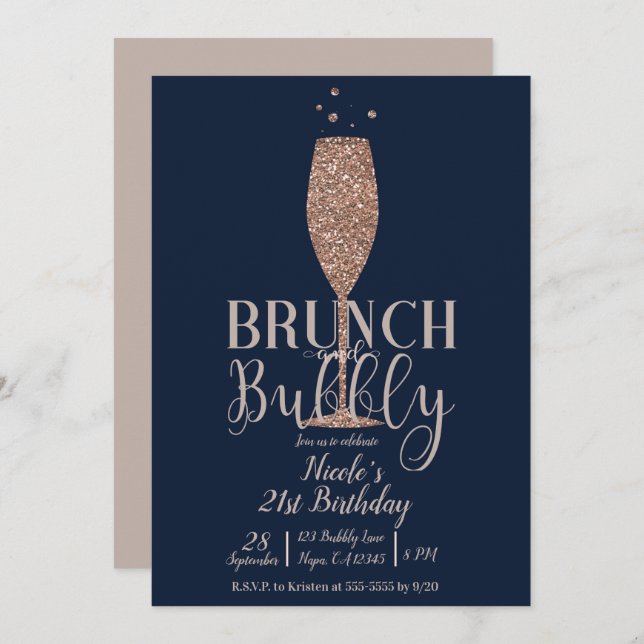 Invitation Champagne Brunch Bubbly Rose Gold Navy Anniversair (Devant / Derrière)