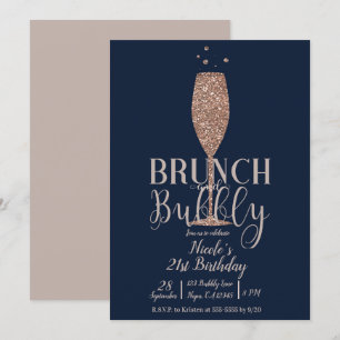 Invitation Champagne Brunch Bubbly Rose Gold Navy Anniversair