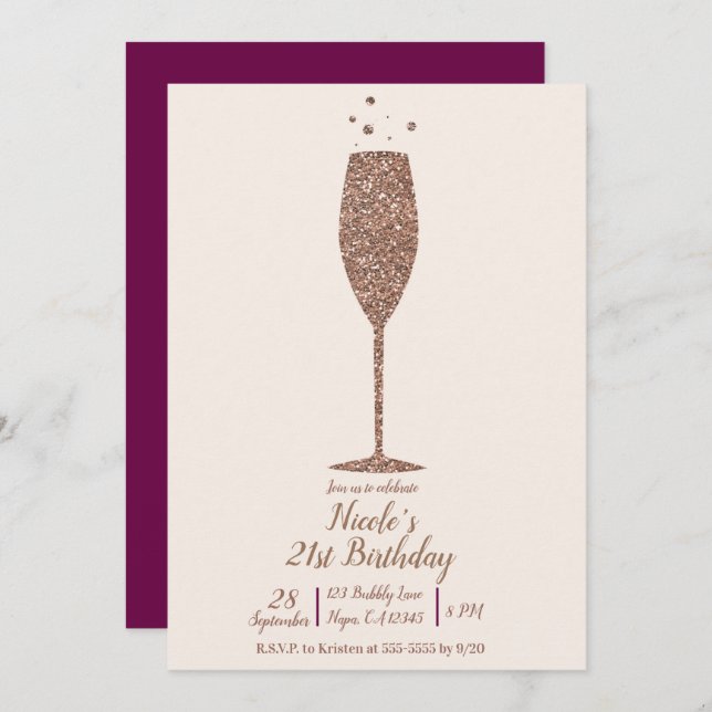 Invitation Champagne Bubbly Chic Rose Gold fête d'anniversair (Devant / Derrière)