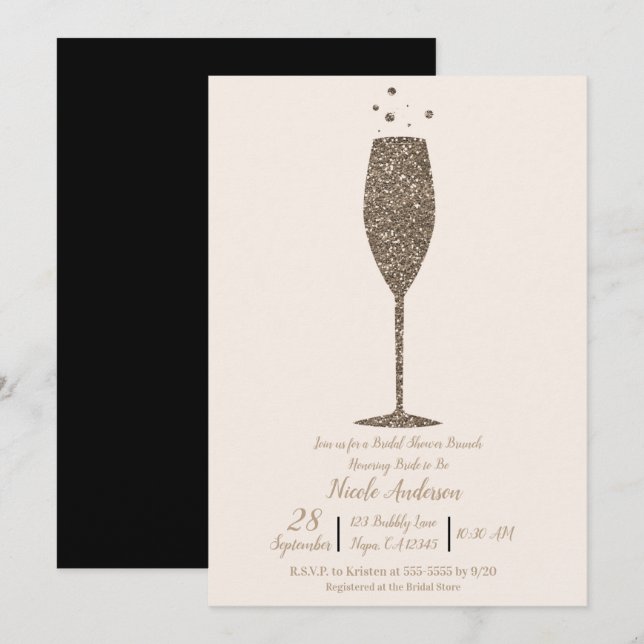 Invitation Champagne Bubbly Glam Gold Fête des mariées Brunch (Devant / Derrière)