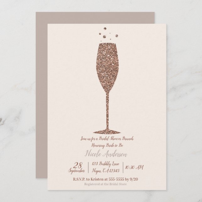 Invitation Champagne Bubbly Rose Gold Fête des mariées Brunch (Devant / Derrière)