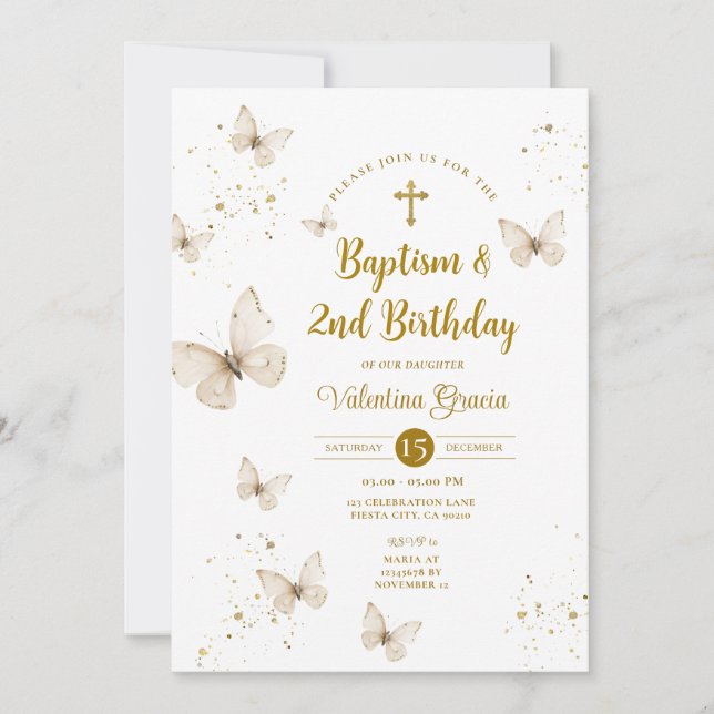 Invitation Champagne Butterfly Girl Birthday Baptism Cross (Devant)