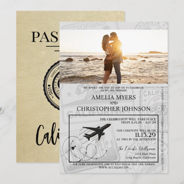 Invitation Champagne California Passport Mariage (Devant / Derrière)