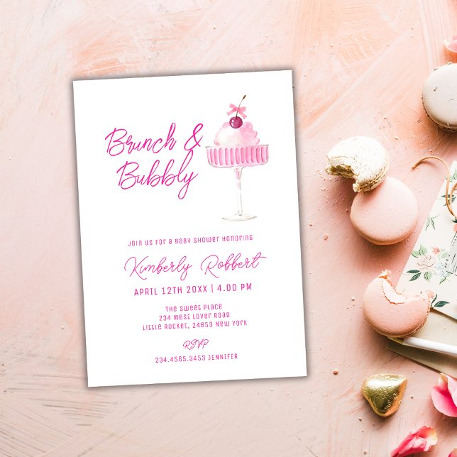 Invitation Champagne cerise rose Brunch Baby shower mousseux (Pink Cherry Champagne Brunch Bubbly Baby Shower Invitation)