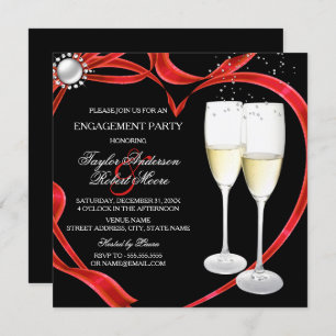 Invitation Champagne & Coeur Fiançailles Noir Argent rouge