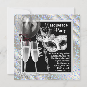 Invitation Champagne Confetti Black and Blue Masquerade Party
