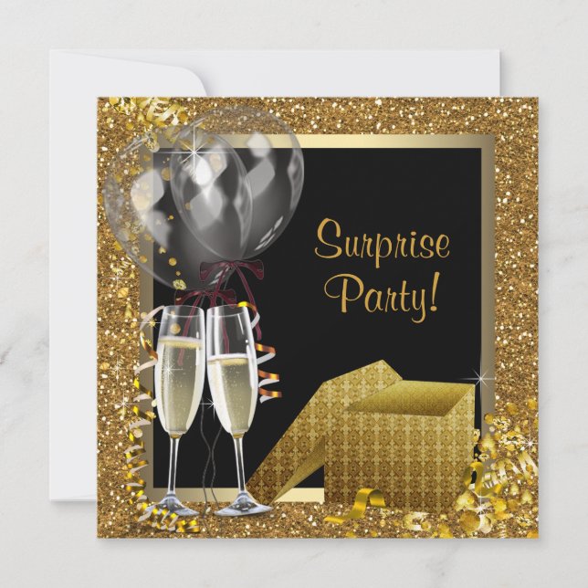 Invitation Champagne Confetti Black Gold Surprise Party (Devant)
