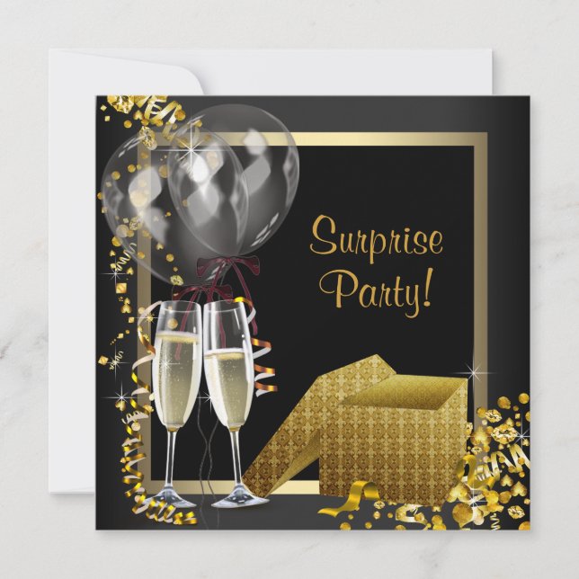 Invitation Champagne Confetti Black Gold Surprise Party (Devant)
