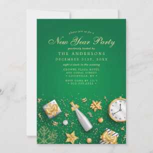 Invitation Champagne Confetti Gold Green New Year Party