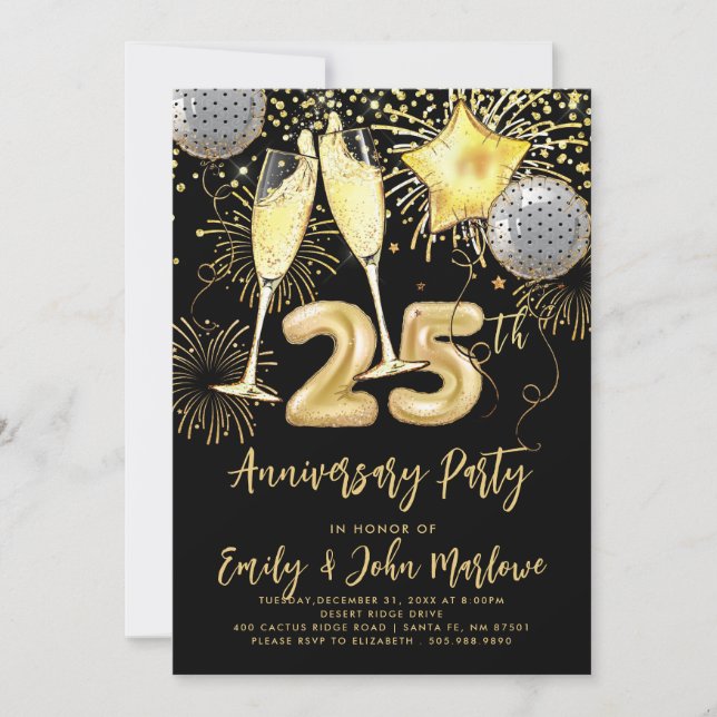 Invitation Champagne Confetti Pailleté Or Anniversaire 25 Ans (Devant)