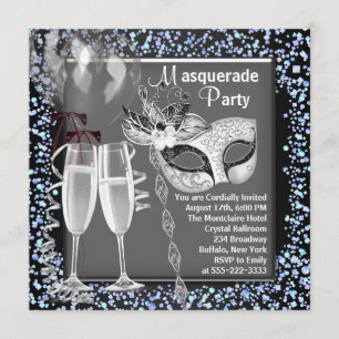 Invitation Champagne Confetti Silver Black Masquerade Party