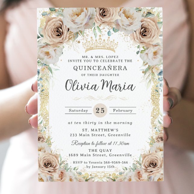 Invitation Champagne Crème Beige Floral Vintage Quinceañera (Créateur téléchargé)