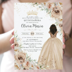 Invitation Champagne Crème Beige Florale Princesse Quinceañer