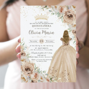 Invitation Champagne Crème Beige Florale Princesse Quinceaner