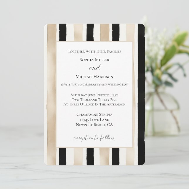 Invitation Champagne Crème Rayures Mariage Noir Blanc   (Debout devant)