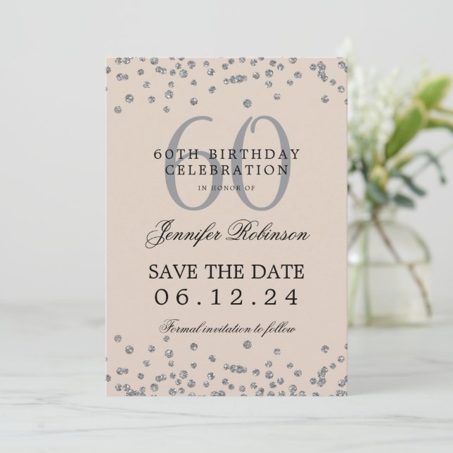 Invitation Champagne d'argent 60e anniversaire Save Date Conf (Debout devant)