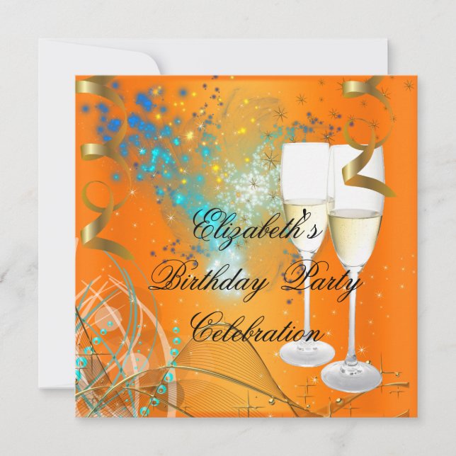 Invitation Champagne de fête d'anniversaire bleu orange or (Devant)