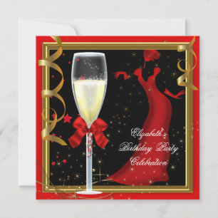 Invitation Champagne de fête d'anniversaire élégant rouge or