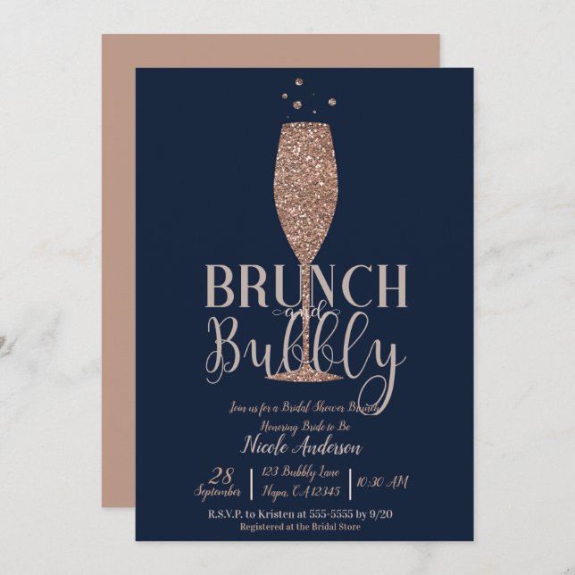 Invitation Champagne de la Marine rose Bubbly Bridal Brunch (Devant / Derrière)