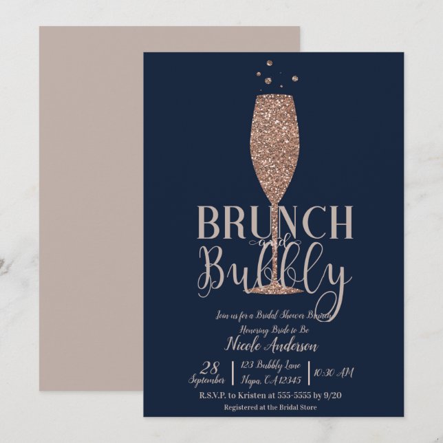 Invitation Champagne de la Marine rose Bubbly Bridal Brunch (Devant / Derrière)