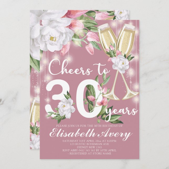 Invitation Champagne de luxe Floral 30e fête d'anniversaire (Devant / Derrière)