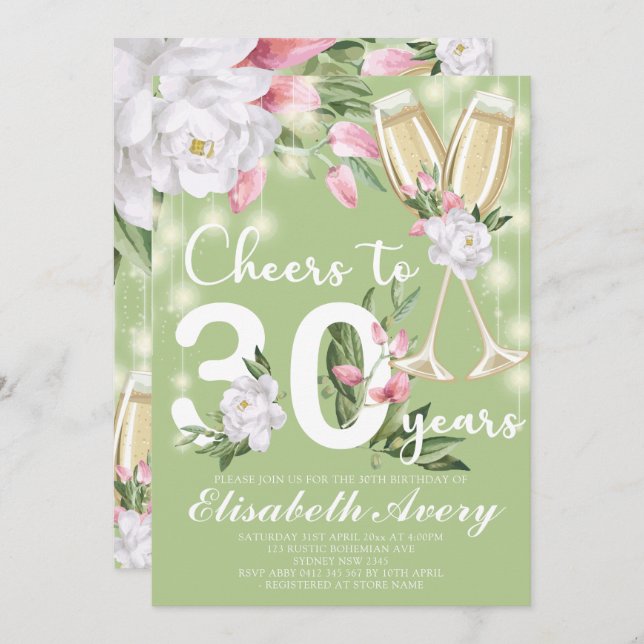 Invitation Champagne de luxe Floral 30e fête d'anniversaire (Devant / Derrière)