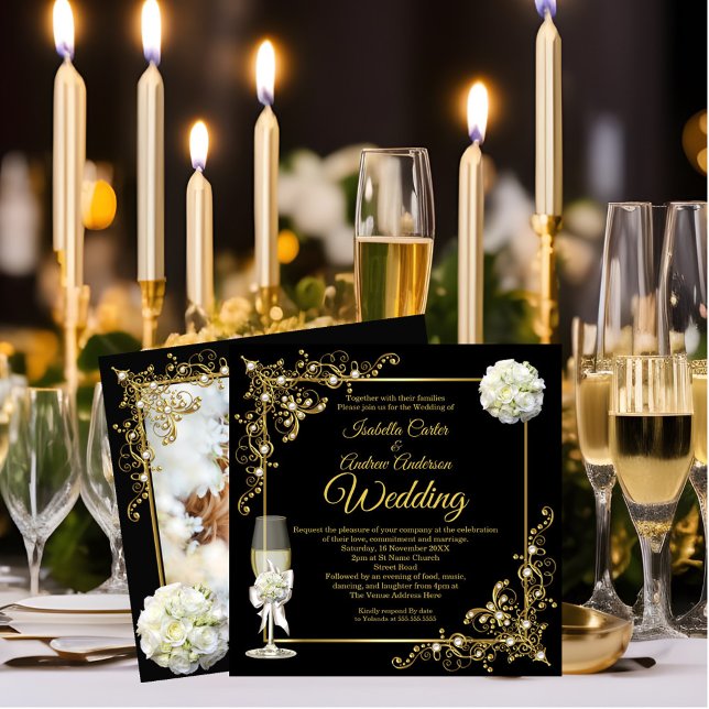 Invitation Champagne de mariage perle noire or photo (Créateur téléchargé)