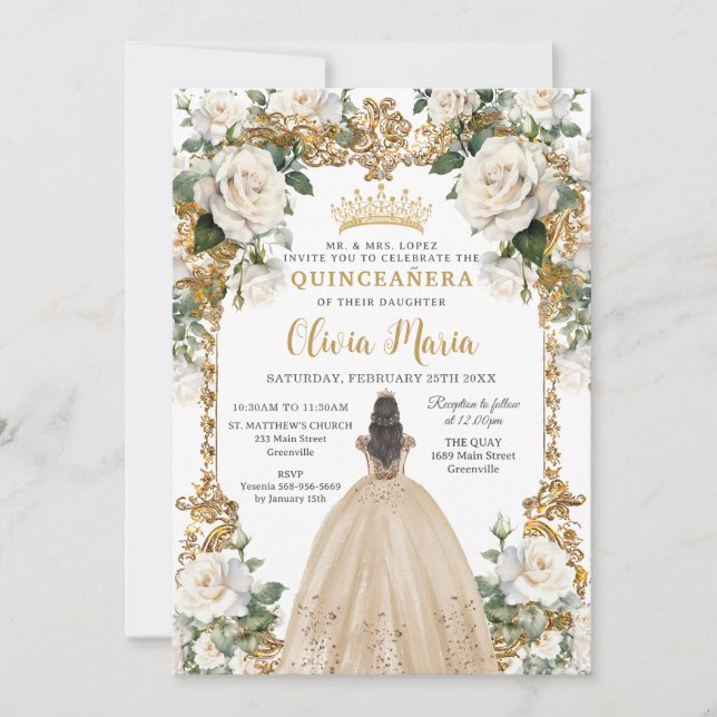 Invitation Champagne d'ivoire vintage Quinceanera Florale Ros (Devant)